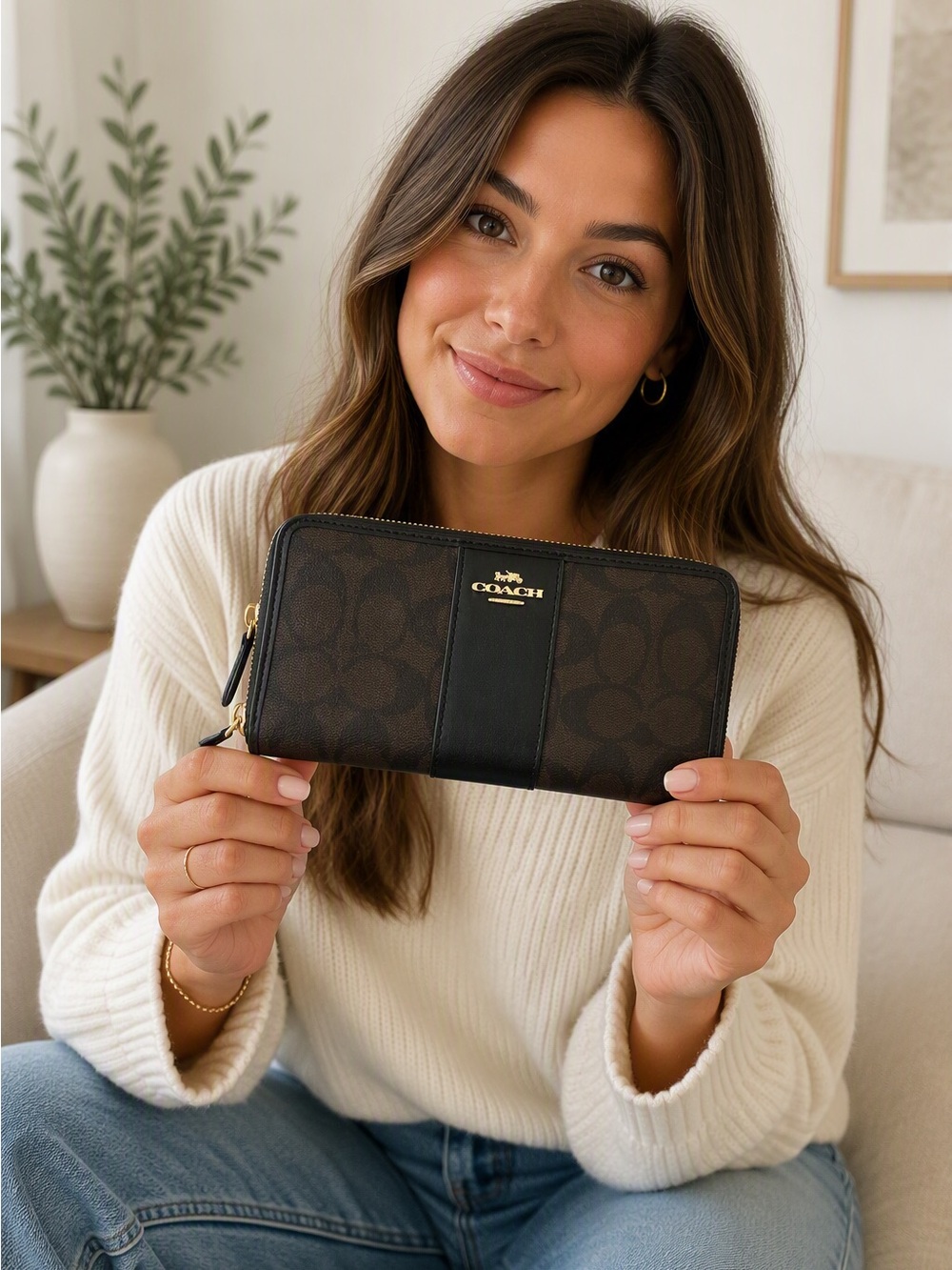 Coach Brown Signature Zip Wallet with Black Trim and Gold Hardware